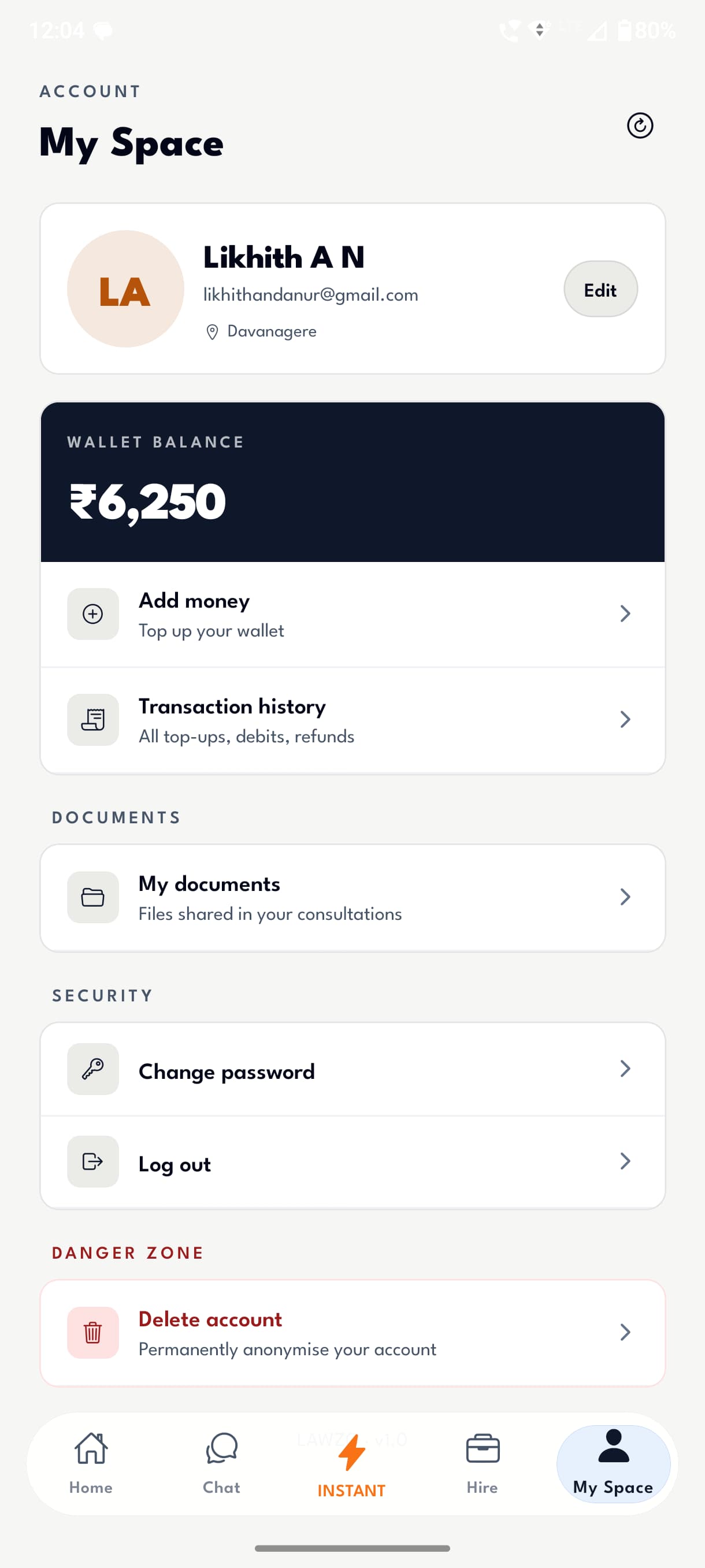 LAWZO account with wallet, documents, and security