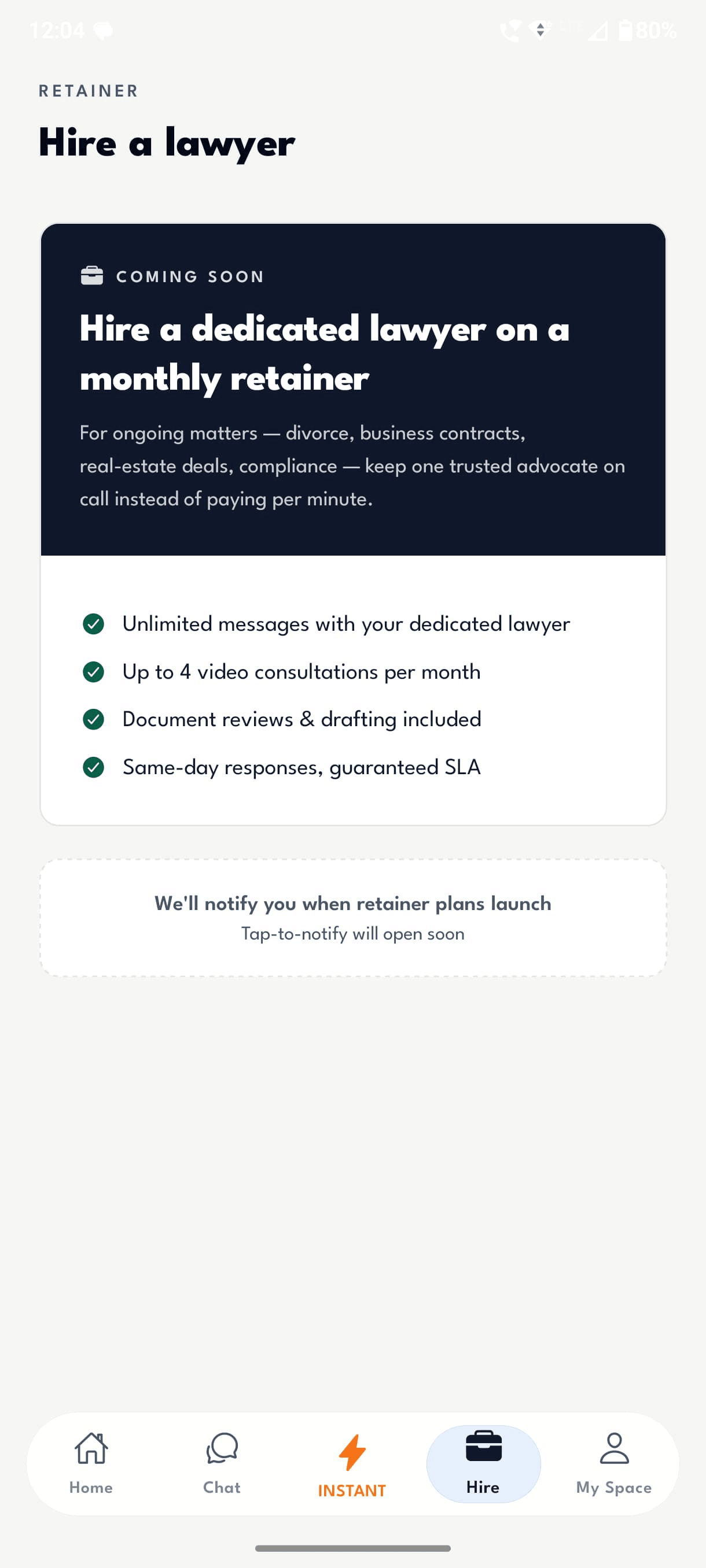 LAWZO app — Hire a Lawyer screen